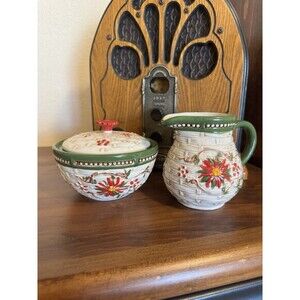 Temp-tations Cream and Sugar dishes, Basketweave Old World POINSETTIA